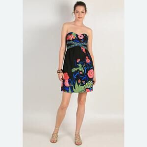 Tibi Palm Beach Floral Garden Peacock Print 100% Silk Black Strapless Dress 8